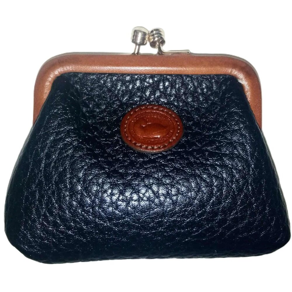 🦆 Vintage Dooney & Bourke Kiss lock Coin Purse in Black & British Tan Leather